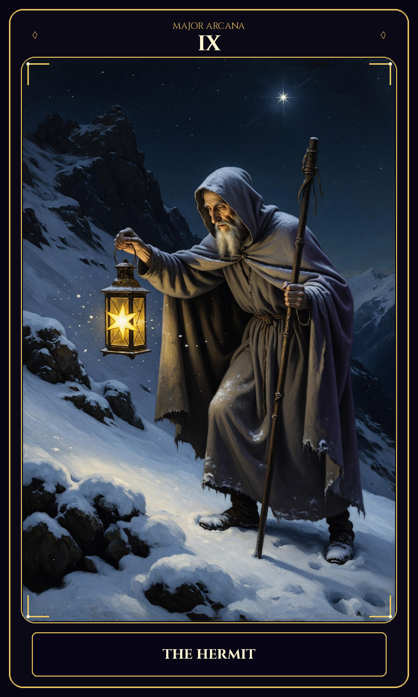 The Hermit tarot card — Javane number 9 in the Flawless Gem deck