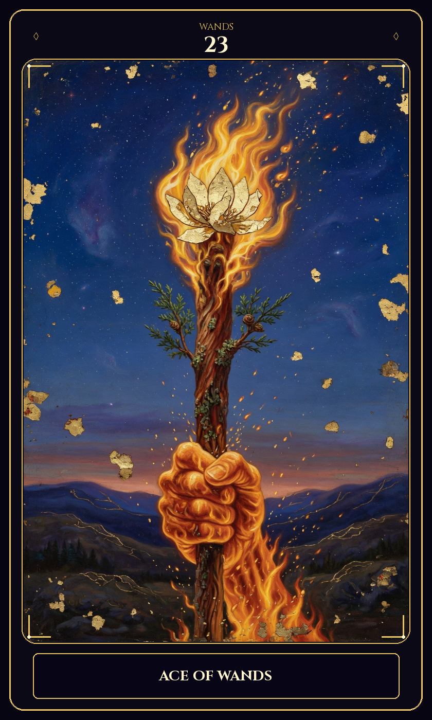 Ace of Wands tarot card — Javane number 23 in the Flawless Gem deck