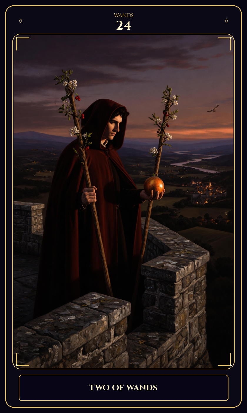 Two of Wands tarot card — Javane number 24 in the Flawless Gem deck