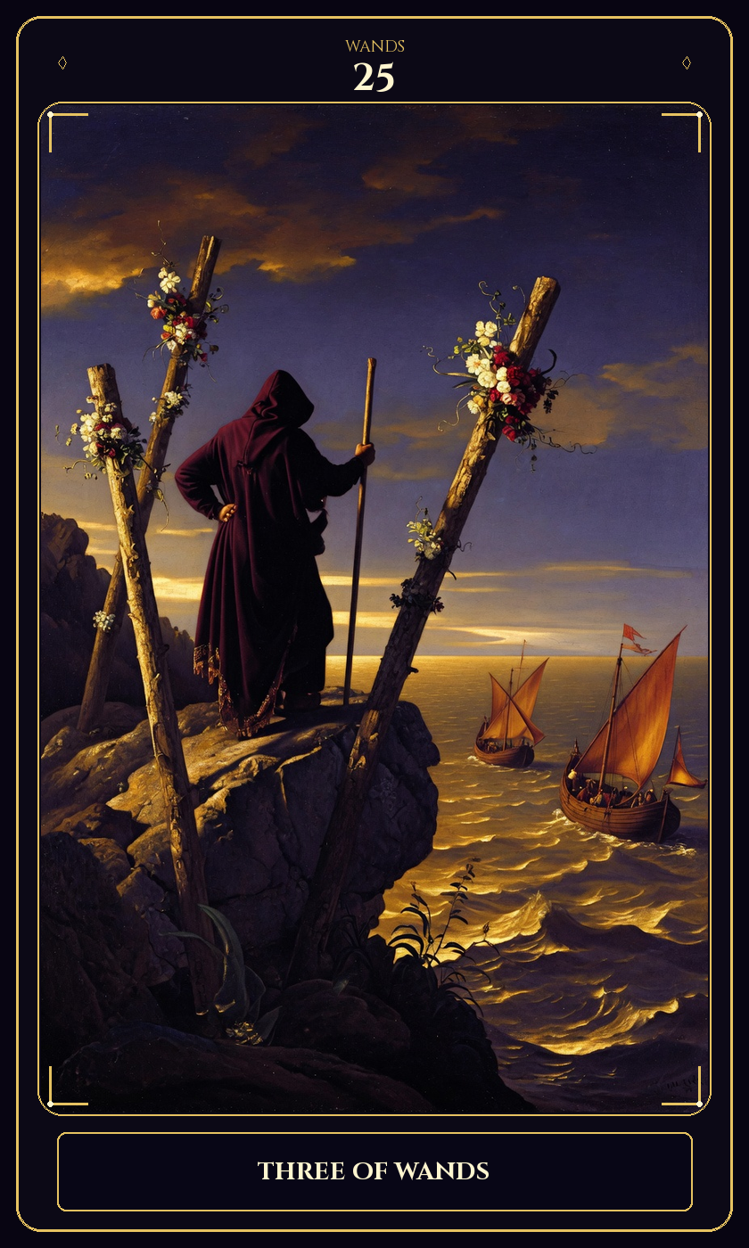 Three of Wands tarot card — Javane number 25 in the Flawless Gem deck