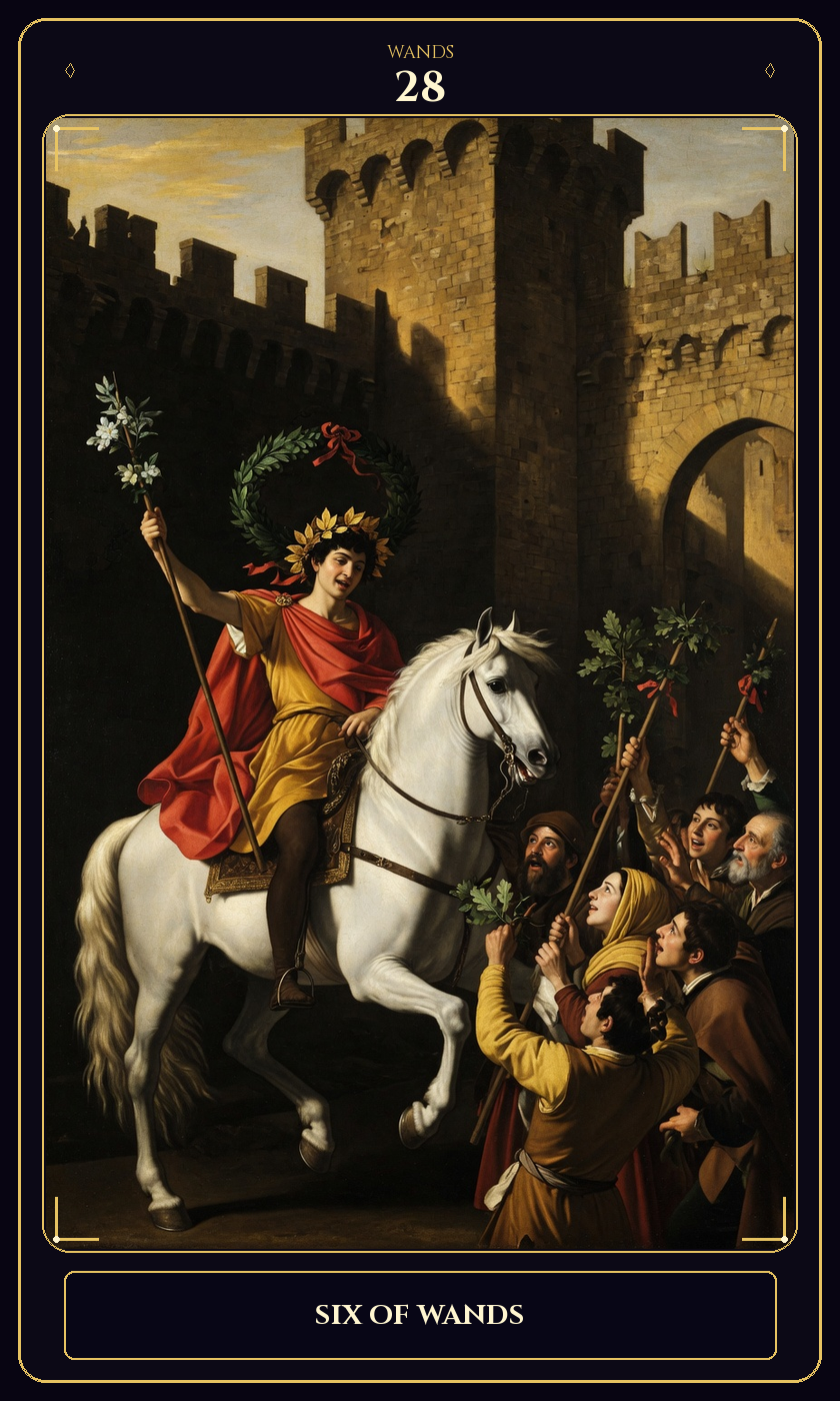 Six of Wands tarot card — Javane number 28 in the Flawless Gem deck