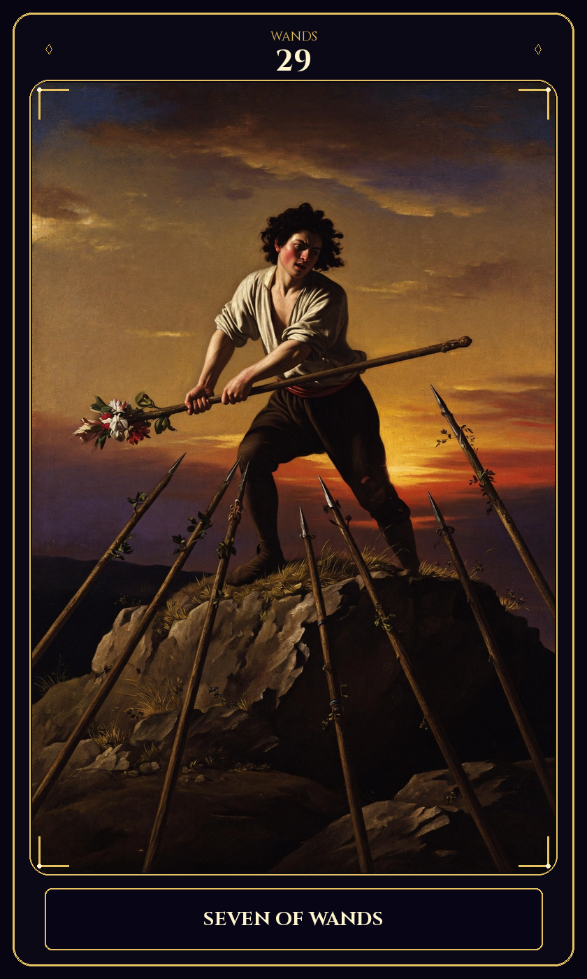 Seven of Wands tarot card — Javane number 29 in the Flawless Gem deck