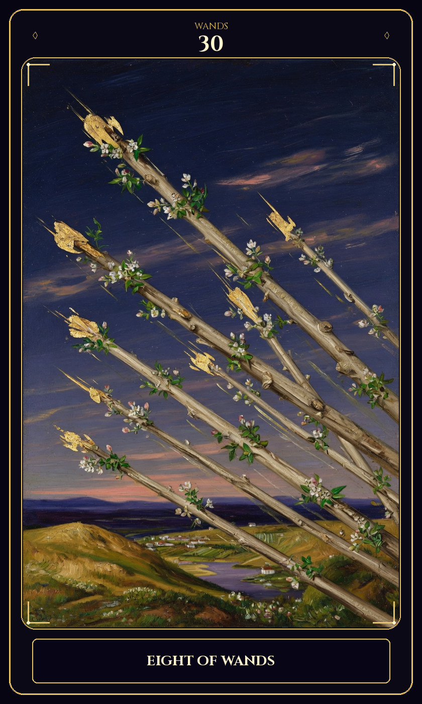 Eight of Wands tarot card — Javane number 30 in the Flawless Gem deck