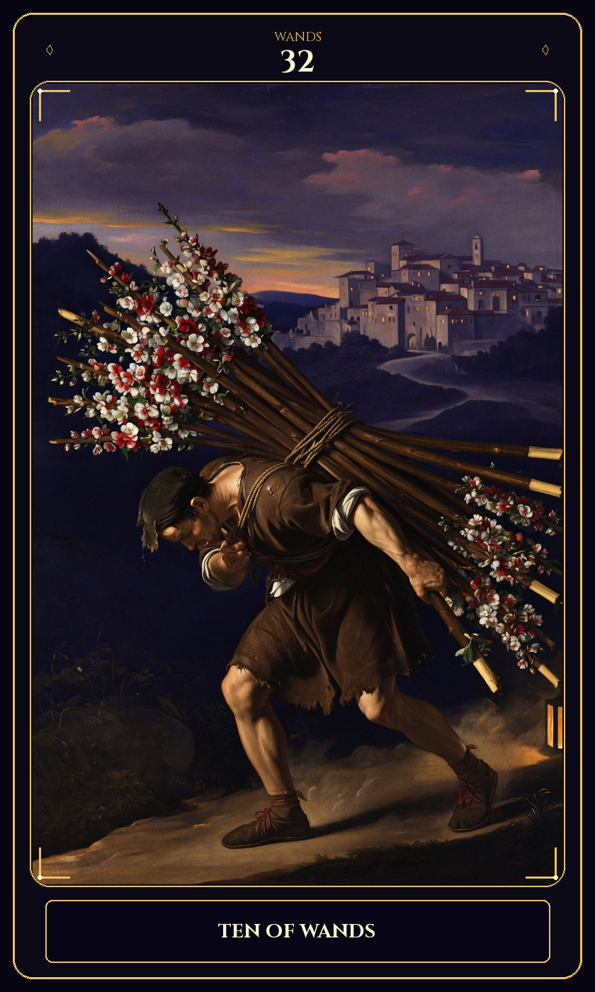 Ten of Wands tarot card — Javane number 32 in the Flawless Gem deck
