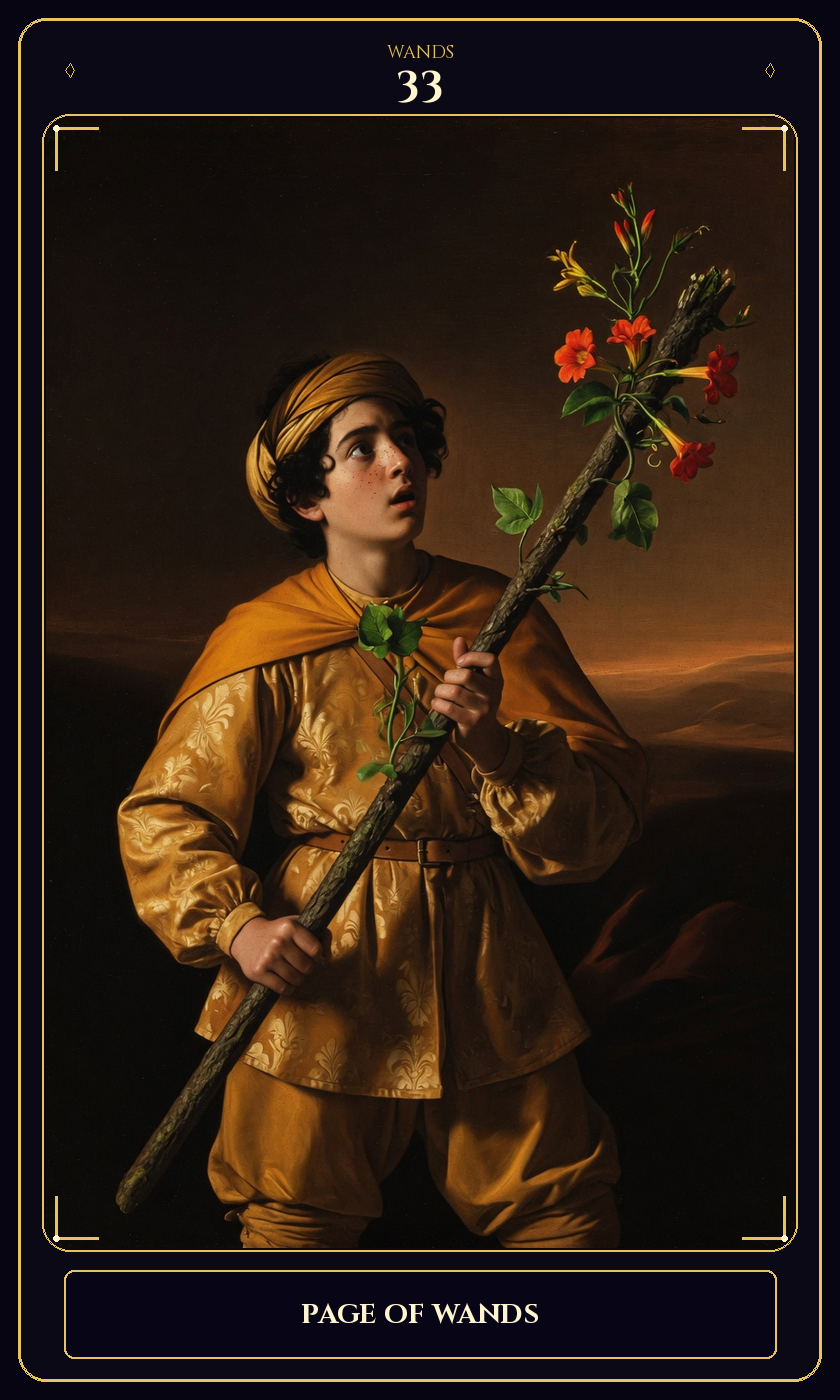 Page of Wands tarot card — Javane number 33 in the Flawless Gem deck