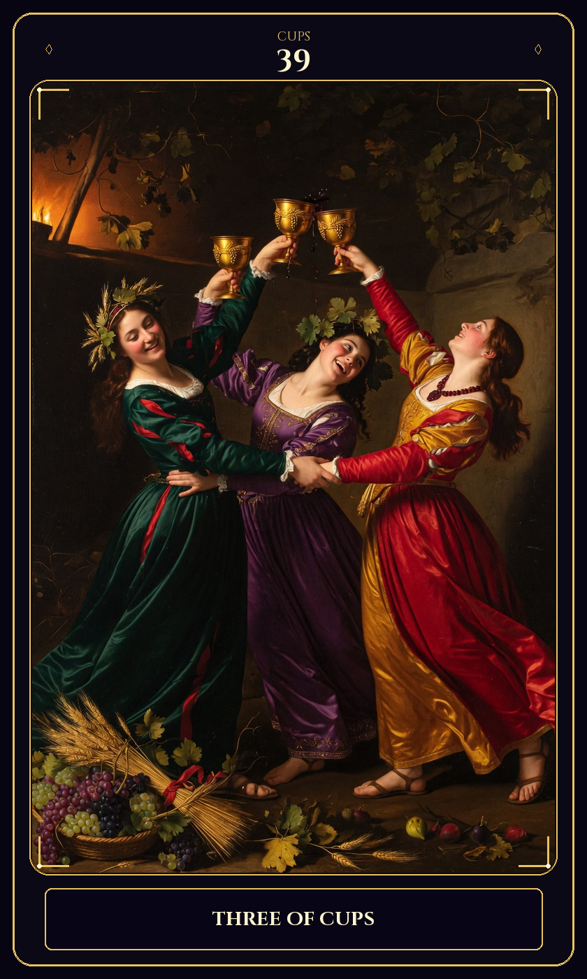 Three of Cups tarot card — Javane number 39 in the Flawless Gem deck