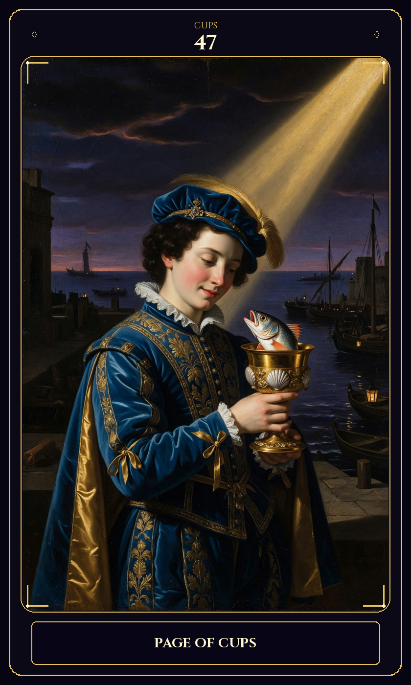 Page of Cups tarot card — Javane number 47 in the Flawless Gem deck