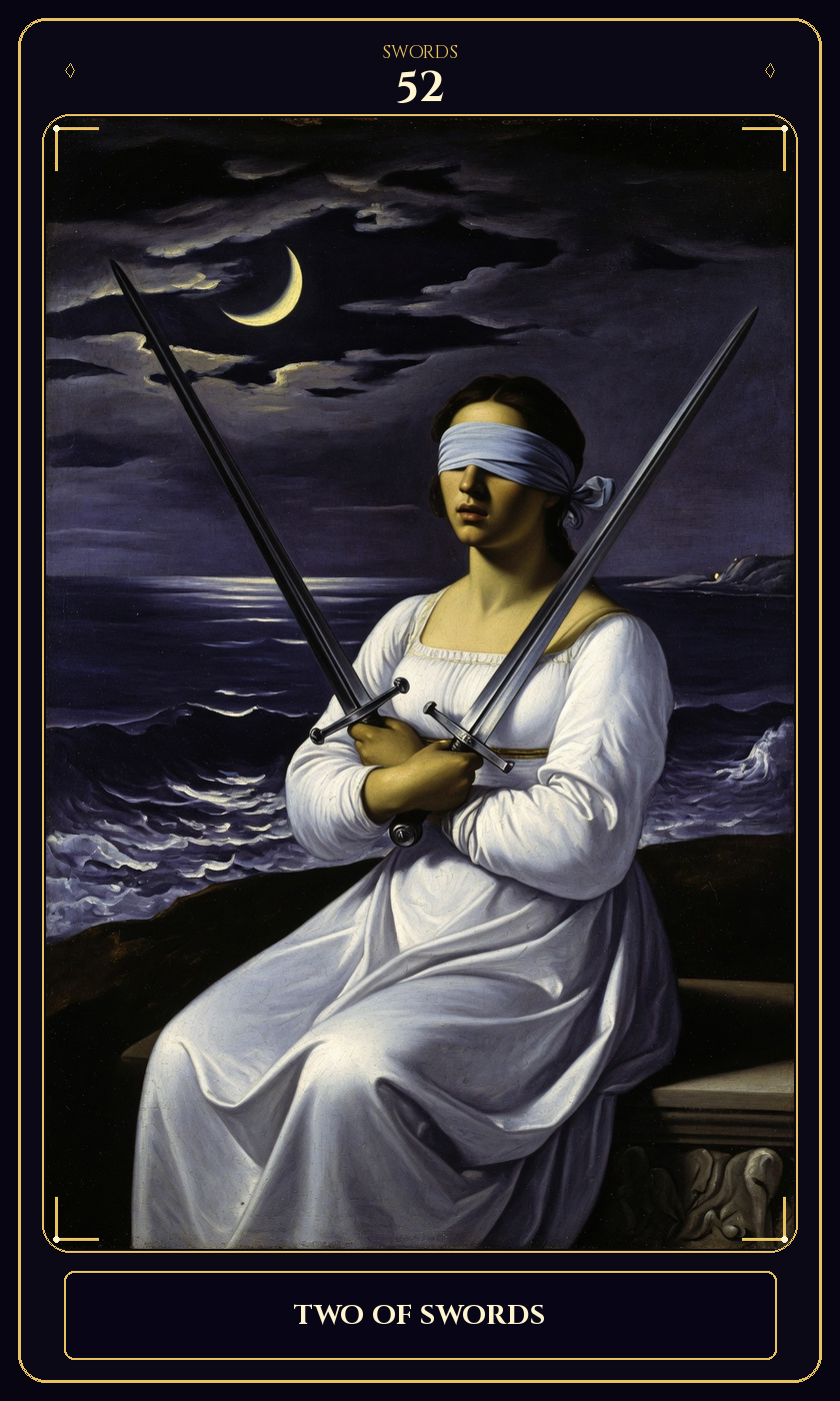 Two of Swords tarot card — Javane number 52 in the Flawless Gem deck