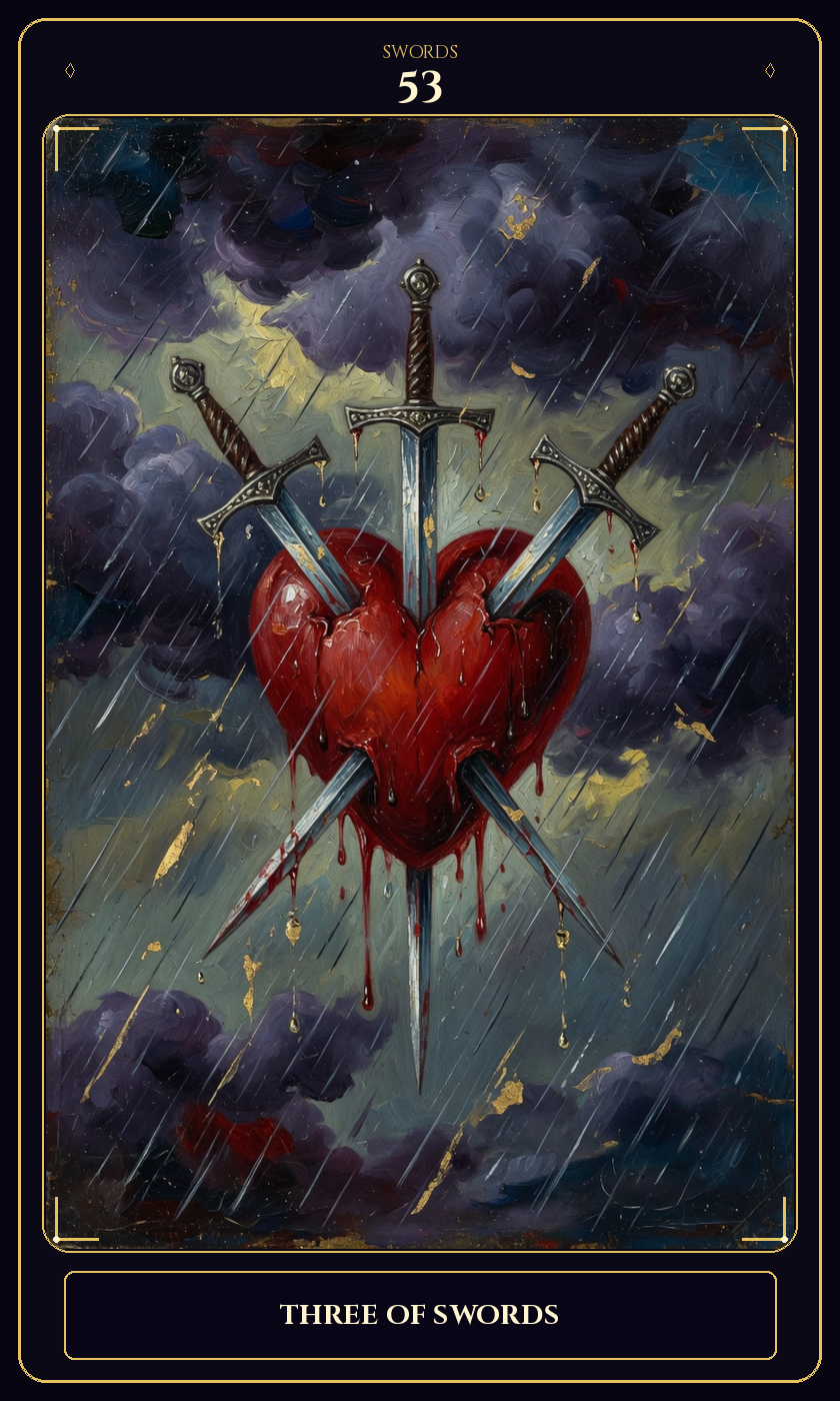 Three of Swords tarot card — Javane number 53 in the Flawless Gem deck