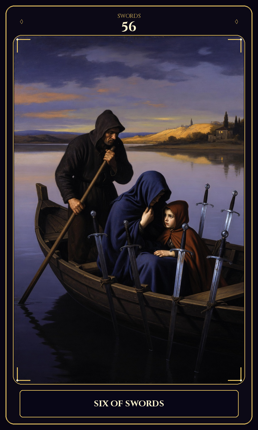 Six of Swords tarot card — Javane number 56 in the Flawless Gem deck