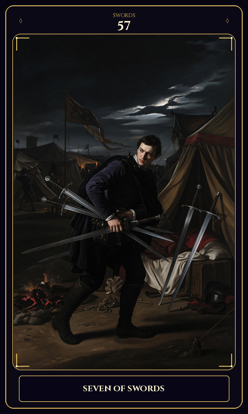 Seven of Swords tarot card — Javane number 57 in the Flawless Gem deck