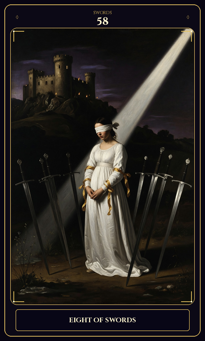 Eight of Swords tarot card — Javane number 58 in the Flawless Gem deck