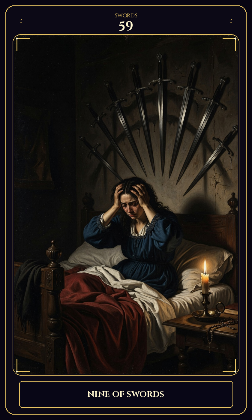 Nine of Swords tarot card — Javane number 59 in the Flawless Gem deck