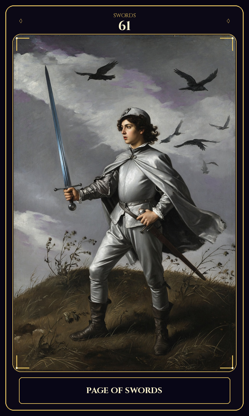 Page of Swords tarot card — Javane number 61 in the Flawless Gem deck