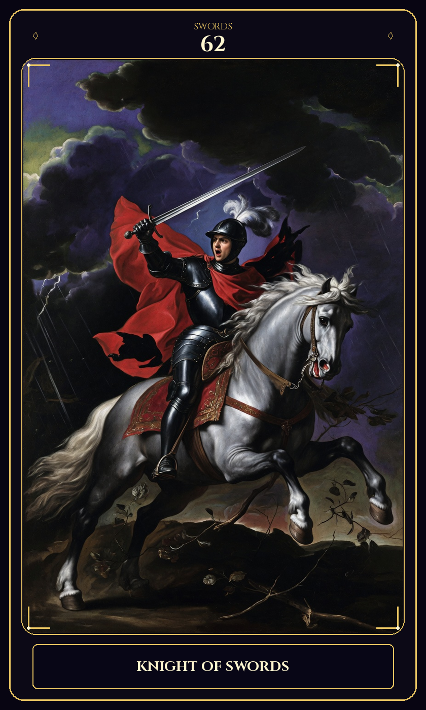Knight of Swords tarot card — Javane number 62 in the Flawless Gem deck