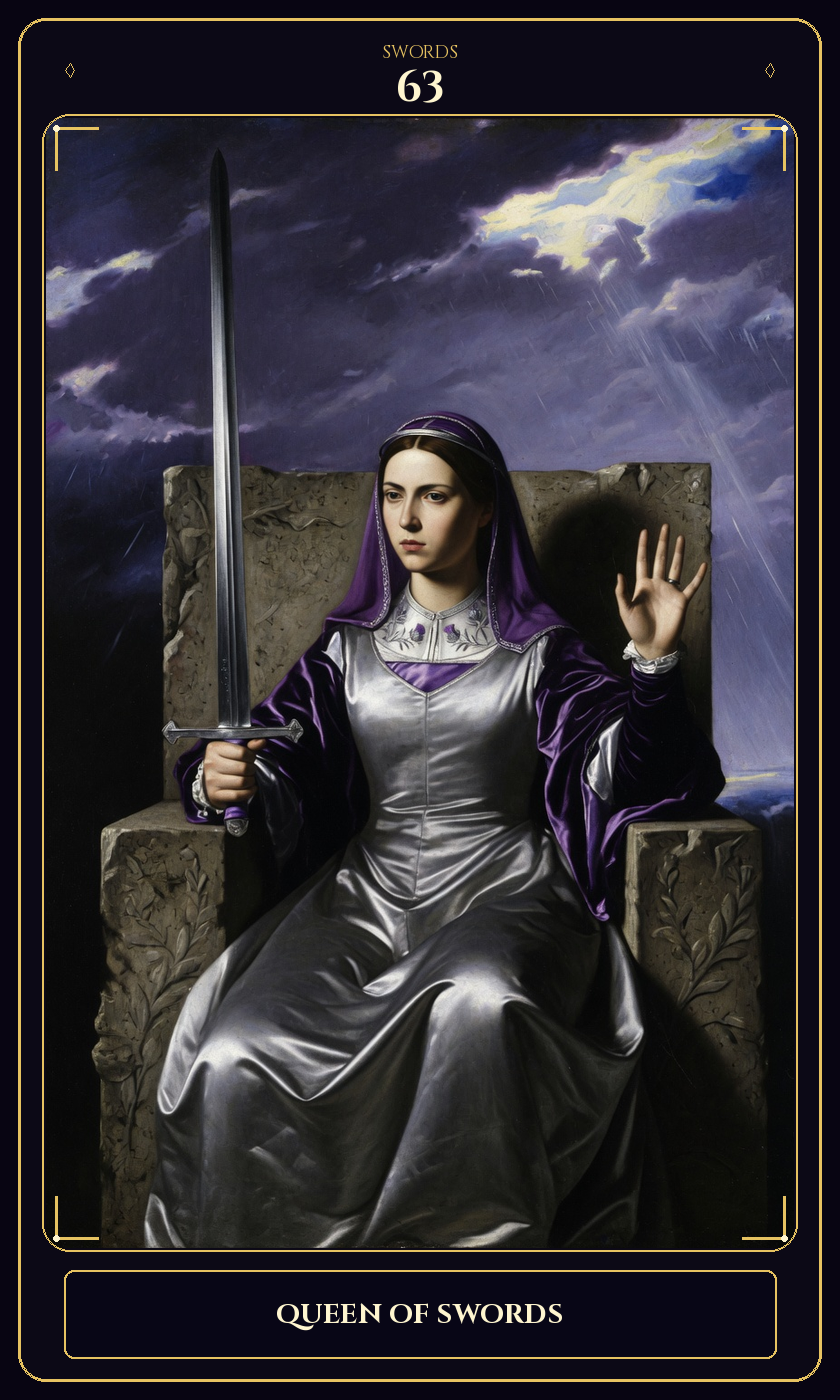 Queen of Swords tarot card — Javane number 63 in the Flawless Gem deck