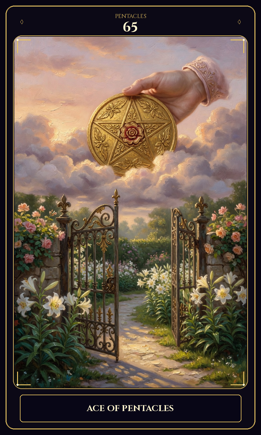 Ace of Pentacles tarot card — Javane number 65 in the Flawless Gem deck