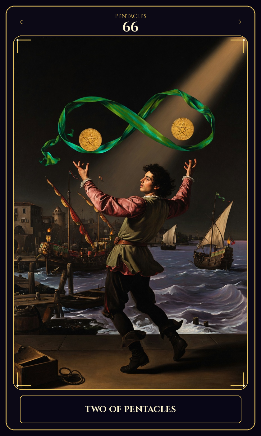 Two of Pentacles tarot card — Javane number 66 in the Flawless Gem deck