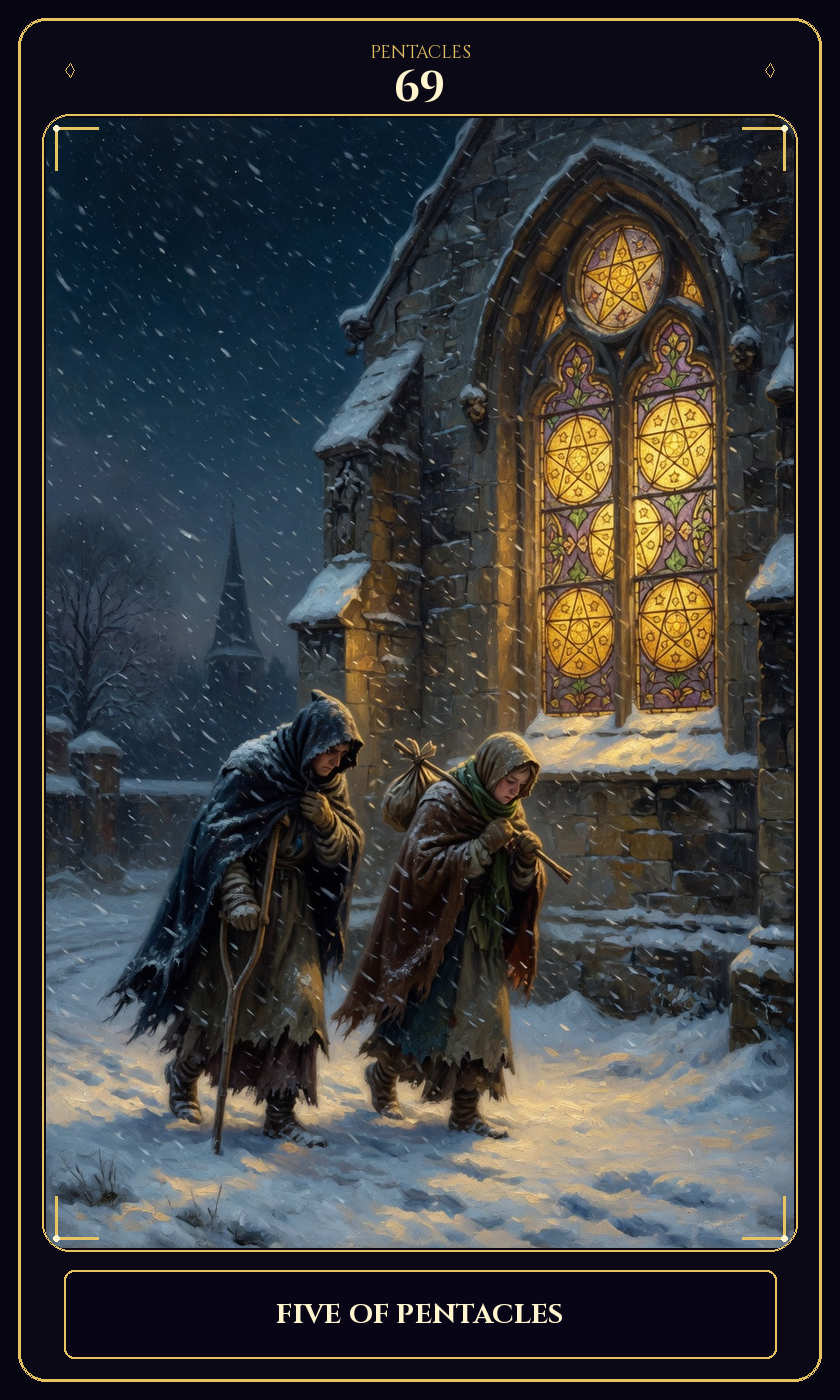 Five of Pentacles tarot card — Javane number 69 in the Flawless Gem deck