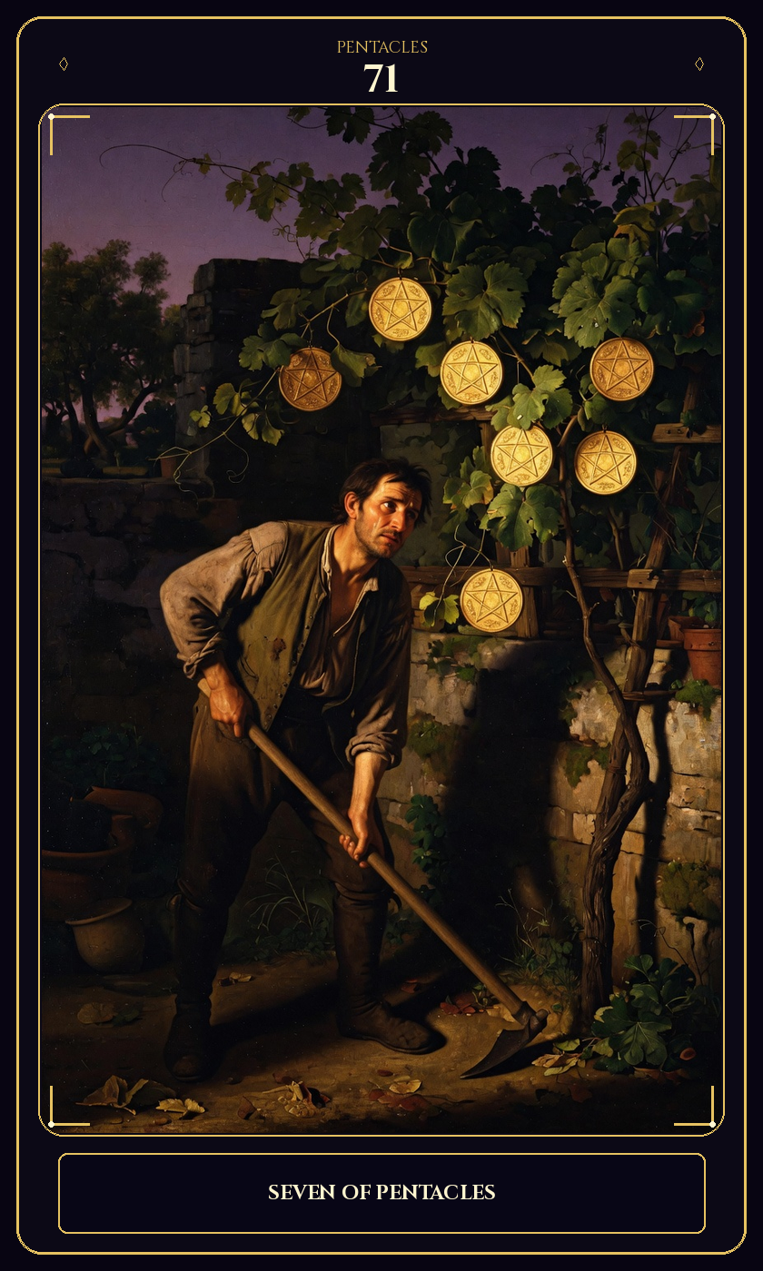 Seven of Pentacles tarot card — Javane number 71 in the Flawless Gem deck