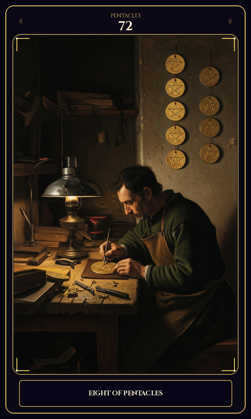 Eight of Pentacles tarot card — Javane number 72 in the Flawless Gem deck
