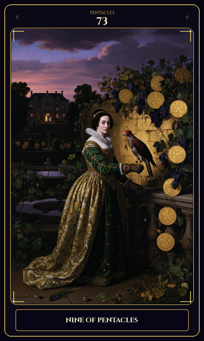 Nine of Pentacles tarot card — Javane number 73 in the Flawless Gem deck