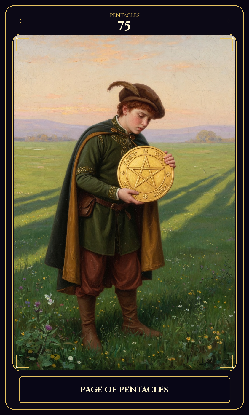 Page of Pentacles tarot card — Javane number 75 in the Flawless Gem deck