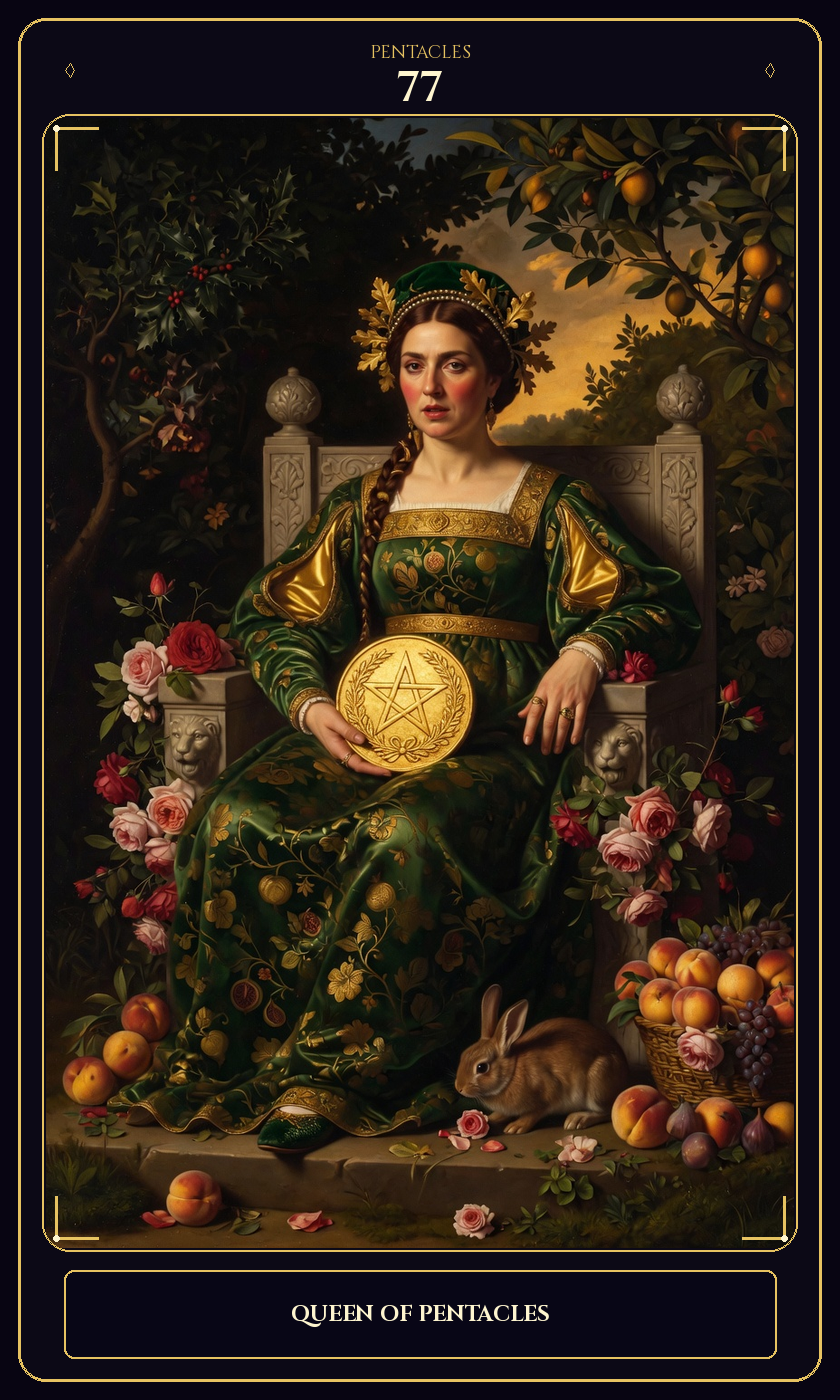 Queen of Pentacles tarot card — Javane number 77 in the Flawless Gem deck